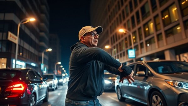 Confrontation scene at night with man resisting arrest on urban street.