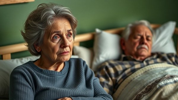 Concerned elderly woman sitting beside sleeping man, dealing with stubborn aging parents.