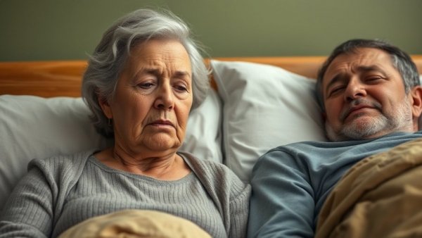 Elderly woman showing stress, representing caregiver frustration management in bedroom setting.