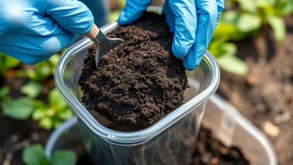 Gloved hands testing soil type in garden using container.