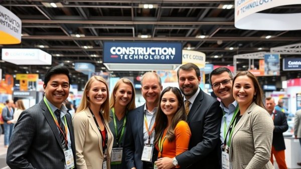 Professionals at AI in Construction Events booth in convention center.