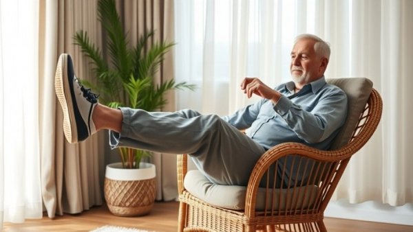 Older man doing leg lift exercise in a chair to prevent senior shuffle.