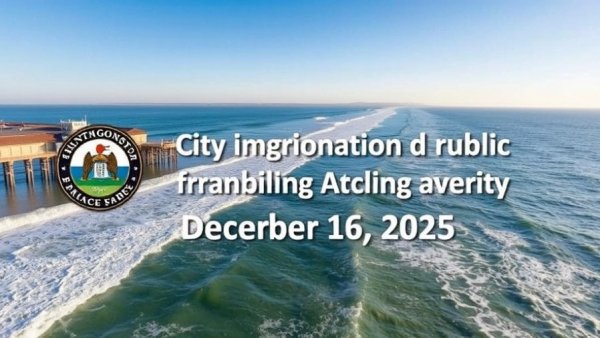 Huntington Beach pier and city council meeting overlay.