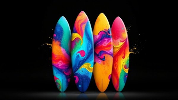 Colorful surfboards with Mayhem design, vibrant merchandise.
