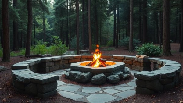 Cozy fire pit design ideas with stone seating in forest setting.