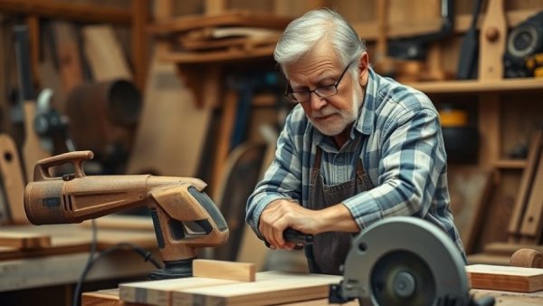 Elderly man demonstrating tips for using tools efficiently in a workshop.