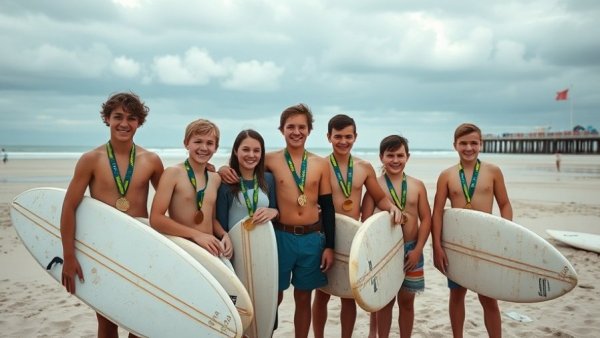 Bailey Turner and team celebrate on beach with medals and flag.