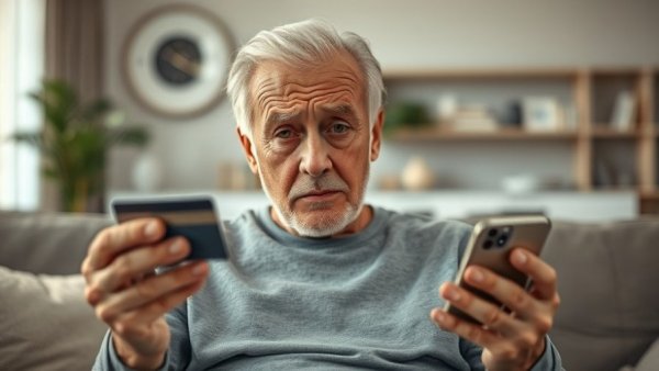 Worried man with phone and credit card - 2025 top scams context.