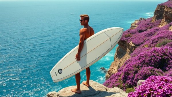 Surfer with 3D printed surfboard on purple cliffs near the ocean.