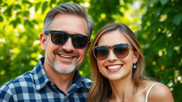 Happy couple in a garden with sunlight filtering through leaves.