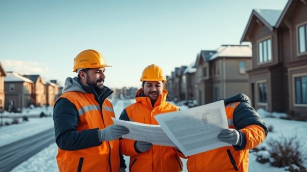 Construction workers reviewing plans on a snowy site.