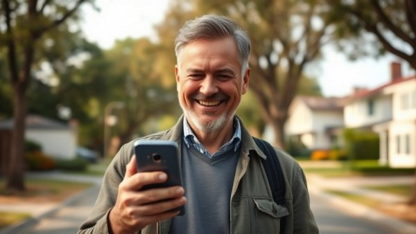 Middle-aged man smiling on street for Senior Shuffle Playlist Challenge.