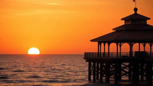 Surf City history: iconic pier at sunset with vintage style.