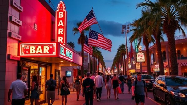 Evening scene of public drinking in Belmont Shore with vibrant lights.