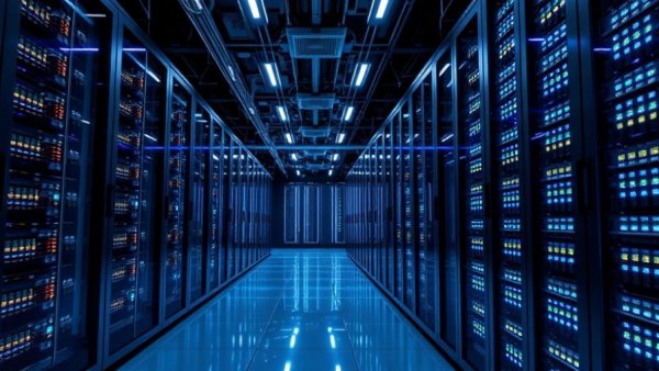 Modern data center corridor with sleek server racks and cool lighting.