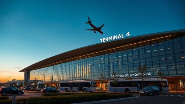 Heathrow Terminal 4 revamp with buses and airplane at dusk