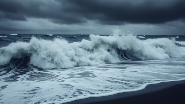 Stormy seascape with too many waves to surf, black sand beach.