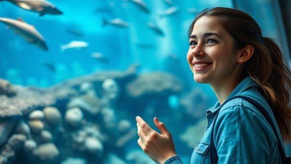 Visitor at aquarium exhibit in endangered steelhead trout sanctuary.