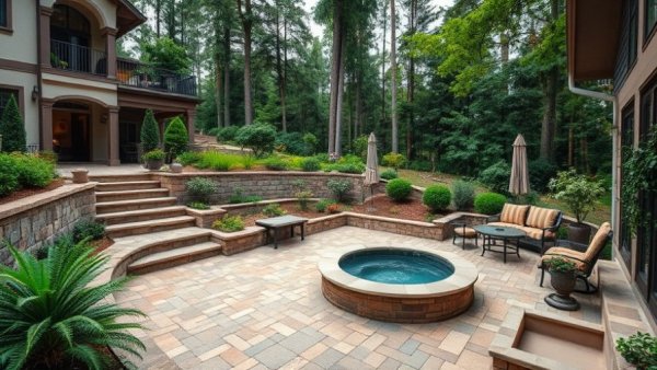 Elegant backyard hardscape design with stone patio and jacuzzi.