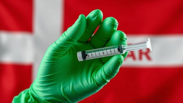 Green-gloved hand with syringe against Denmark flag.