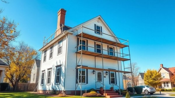 Scaffolding on a white house during renovation, sunny suburban setting.