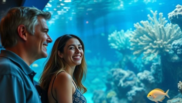 People viewing coral aquarium in bright blue exhibit setting.