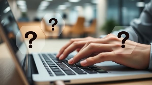 Hands on keyboard with question marks, discussing Gmail privacy settings for seniors.