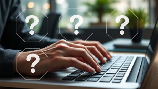 Older hands typing on laptop with security concerns, question marks.