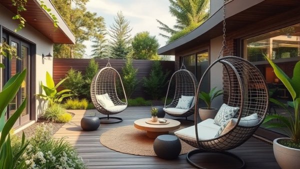 Modern lawn landscaping in a chic backyard with seating and greenery.