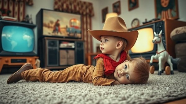 Child watching vintage TV in cowboy outfit, must-see TV for seniors.