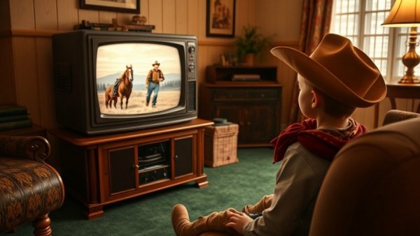 Young cowboy watching vintage TV Western, must-see TV for seniors.