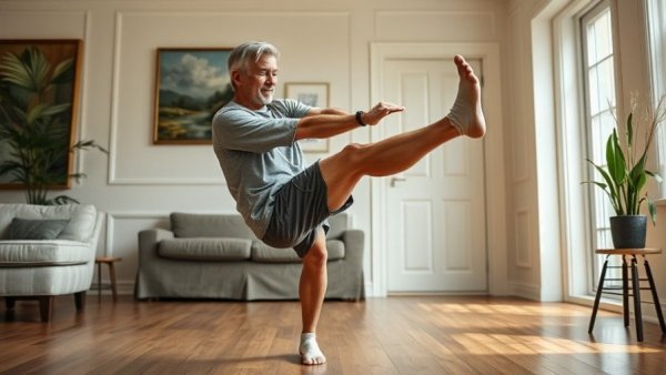 Senior man performing leg exercises, enhancing strength for better walking.