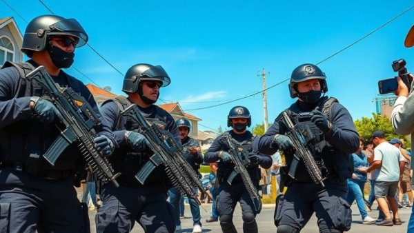 Heavily armed law enforcement officers engage with public on sunny California street.
