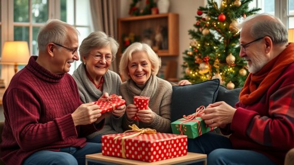 Seniors wrapping holiday gifts in a festive, cozy room.