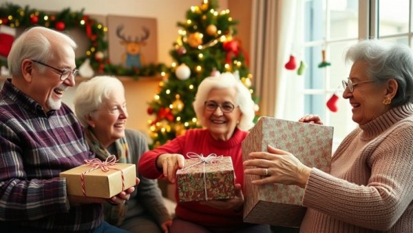 Volunteering for Seniors: Elderly group wrapping gifts in festive setting.
