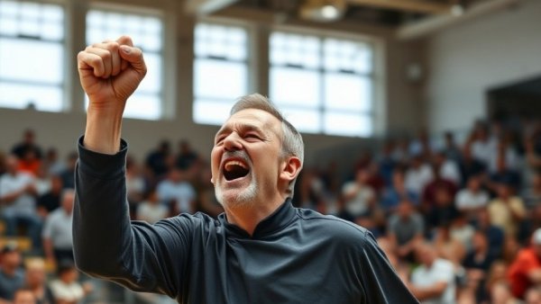 Energetic basketball coach celebrating Cypress Boys Basketball Wins.