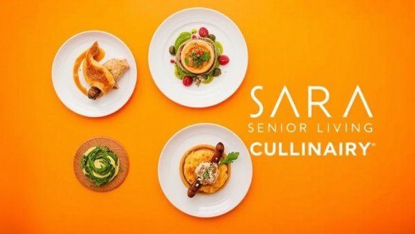 Senior living dining trends promotional design with gourmet dishes.