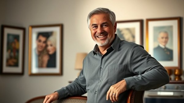 Middle-aged man standing with a supportive chair in home setting, highlighting benefits of walking for seniors.