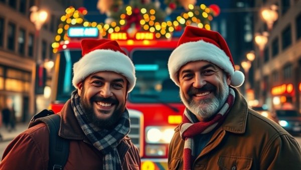 Two men in Santa hats by decorated firetruck at Long Beach event.