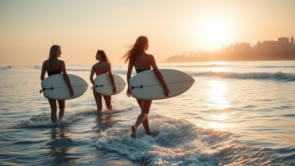 Female surfers in the surf at sunrise with city skyline.