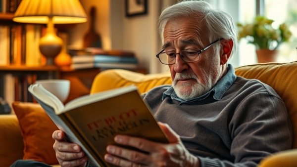 Senior man reads Terry McMillan’s 'It’s Not All Downhill From Here' on a yellow couch.