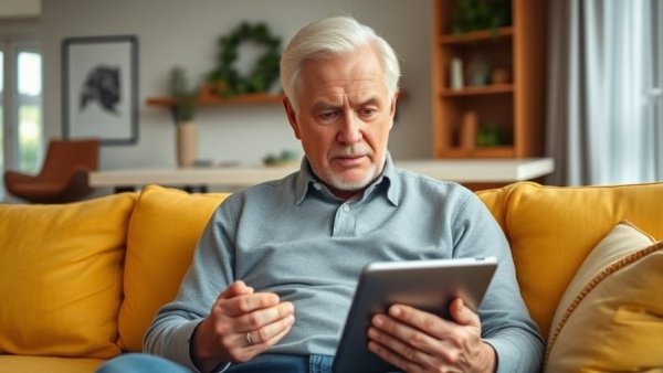 Elderly man reading on yellow sofa with 'It's Not All Downhill From Here' book cover.