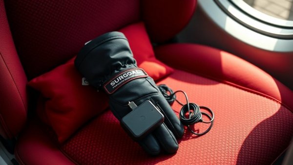 SURGOAL heated gloves and charger on a red chair, natural light.