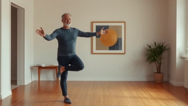 Senior man doing a balance exercise for improved mobility indoors.