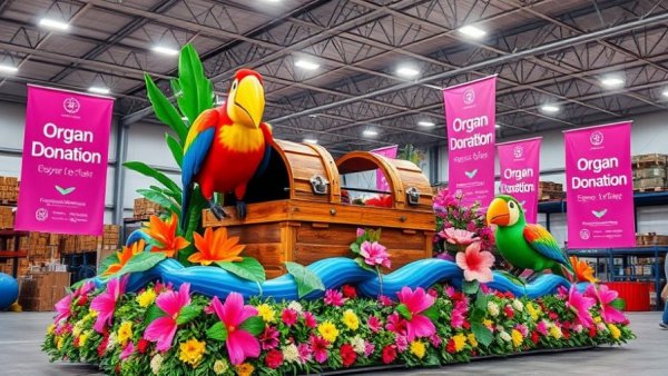 Organ donation float setup indoors, promoting awareness.