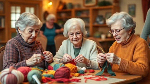 Elderly women knitting together, promoting community crafting for seniors.
