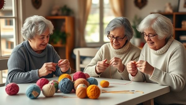 Community crafting for seniors, women knitting together at a table.
