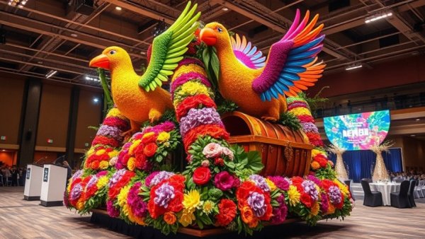 Colorful floral parade float under event hall lighting for organ donation awareness.