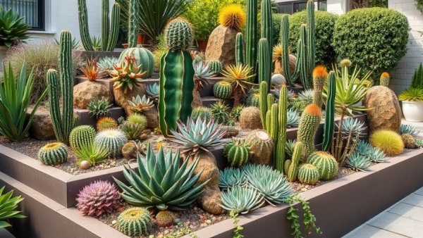 Vibrant xeriscape landscaping with succulents and cacti in tiered garden.