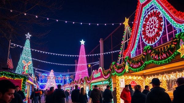 Vibrant Christmas light display with people enjoying the scenery.